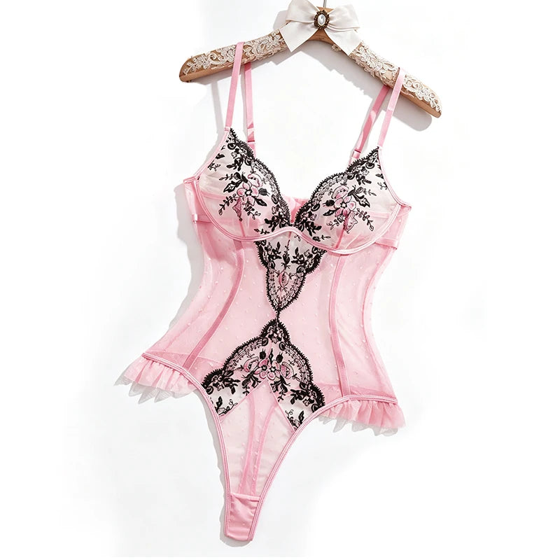 Women's Lingerie Pink Mesh Slimming Bodysuit Delicate Floral Embroidered Jumpsuit Romantic Sleeveless Polka Dot Sexy Bodysuit