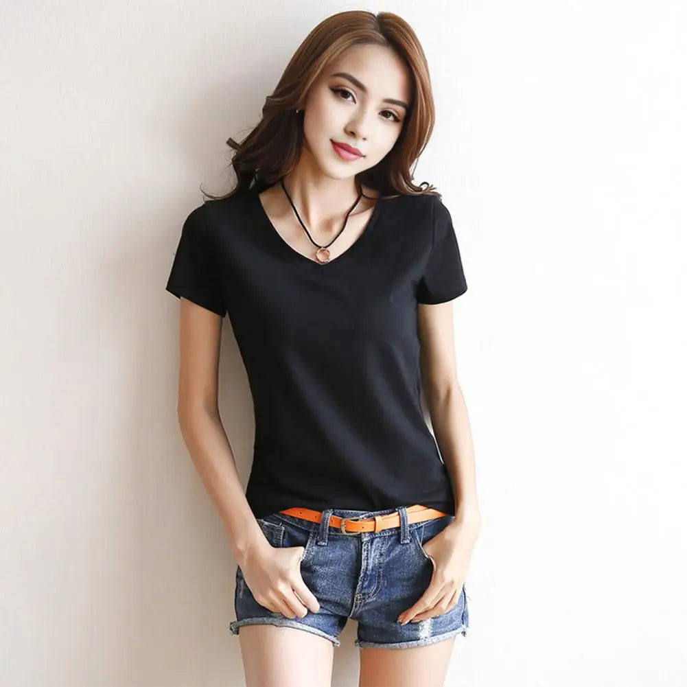 Women Summer T-shirt V-neck Short Sleeve Slim Fit T-shirt Solid Color Pullover Tops Women Bottoming Shirt Streetwear