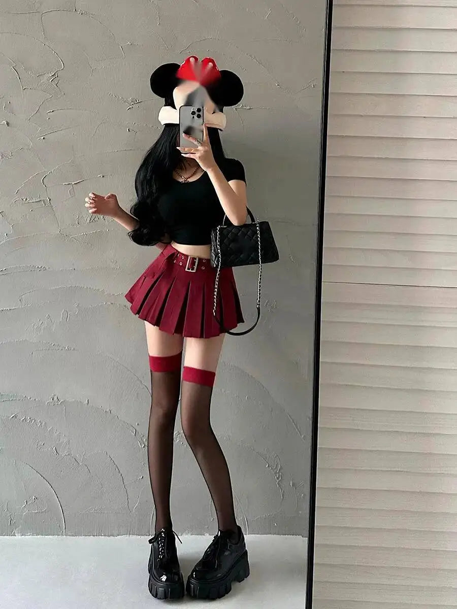WOMENGAGA Summer Skorts High-quality Sexy A-LINE Safety Skirts Pleated Skirt Half Length Short Skirt Belt Fashion Women E4H4