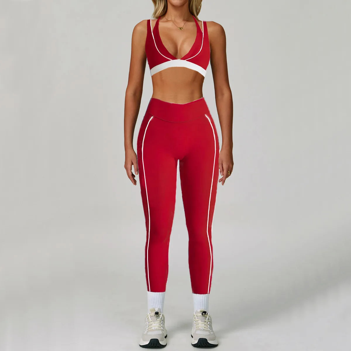 Pad 2PCS Yoga Set Sports Bras V-Neck Halter Pocket Fitness Workout Running Leggings Gym Woman Active Wear Clothing XP26