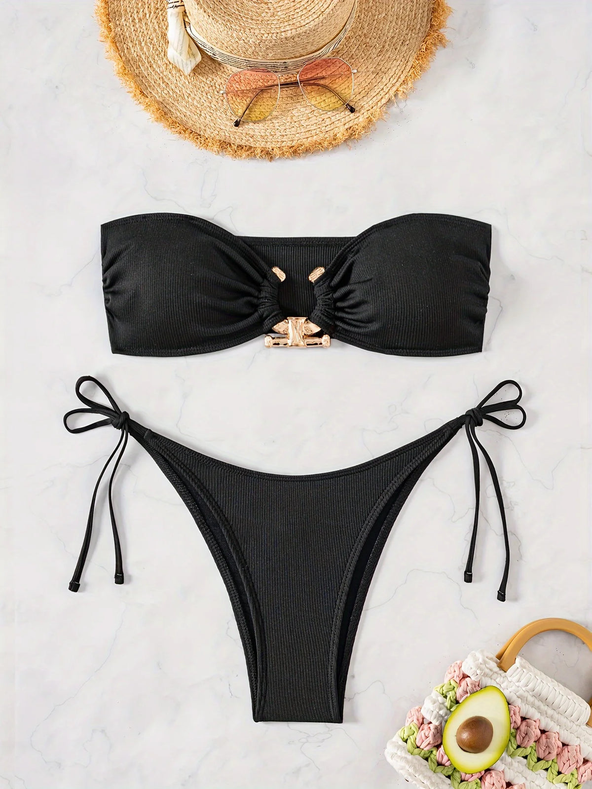 ZTVitality Sexy Bandeau Rib Knit Tie Side Black Bikini Set 2024 Biquini New Arrival Padded Strapless Swimsuit Women's Swimwear