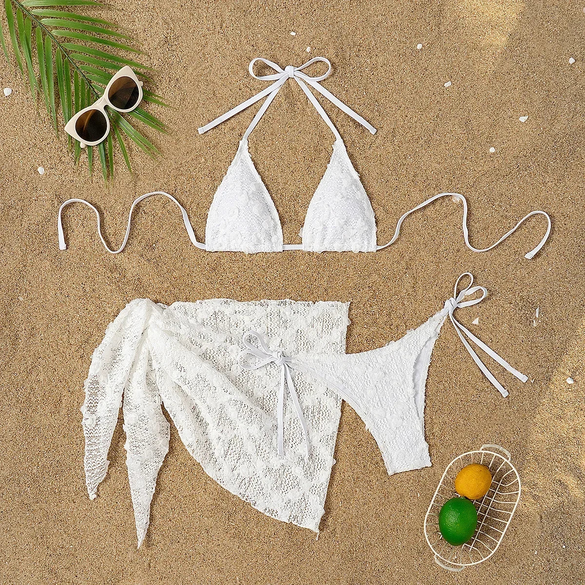 Sexy White Cover Up Skirt 3 Piece Bikini Women Lace Bandage Thong Swimsuit 2025 Beach Push Up Bathing Suit Swimwear Biquini