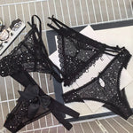 Sexy Women's Thong Erotic Cross Hollow T Pants Starry Sky Shiny Sequins Black Mesh Transparent Bow Perspective Briefs Lingerie