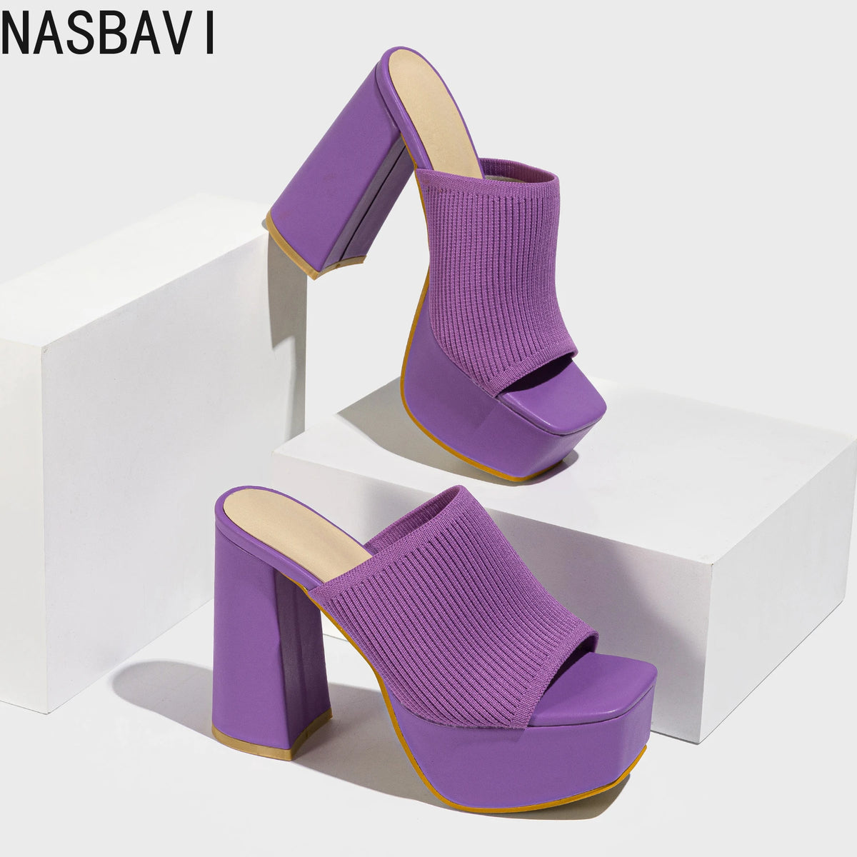 NASBAVI Summer Knitting Yarn Pleated Platform Rome Shallow Thick Bottom Peep Toe Thin Heels Women Sandals Slip-On Party Shoes