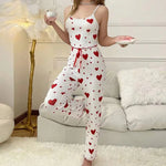 Autumn Winter Pajamas Sets Women Sleepwear Heart Print Sleeveless Cami Vest with Long Pants Trouser Set Sexy Lingerie Pyjamas