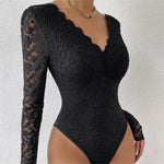 Sexy White Lace Bodysuit Women Solid Color Long Sleeve Sheer Corset Top Autumn Ruffles V Neck See Thourgh Slim Fit Jumpsuit