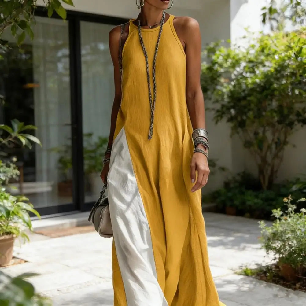 Summer Casual Beach Sundress with Pockets Women's Flowy Long Tank Top Side Split Crew Neck Sleeveless Maxi Dress