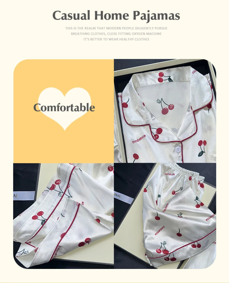 Cherry Print Pajamas Set for Women Summer Satin Two Piece Sleepwear Short Sleeve Shirt and Shorts Casual Fashion Homewear