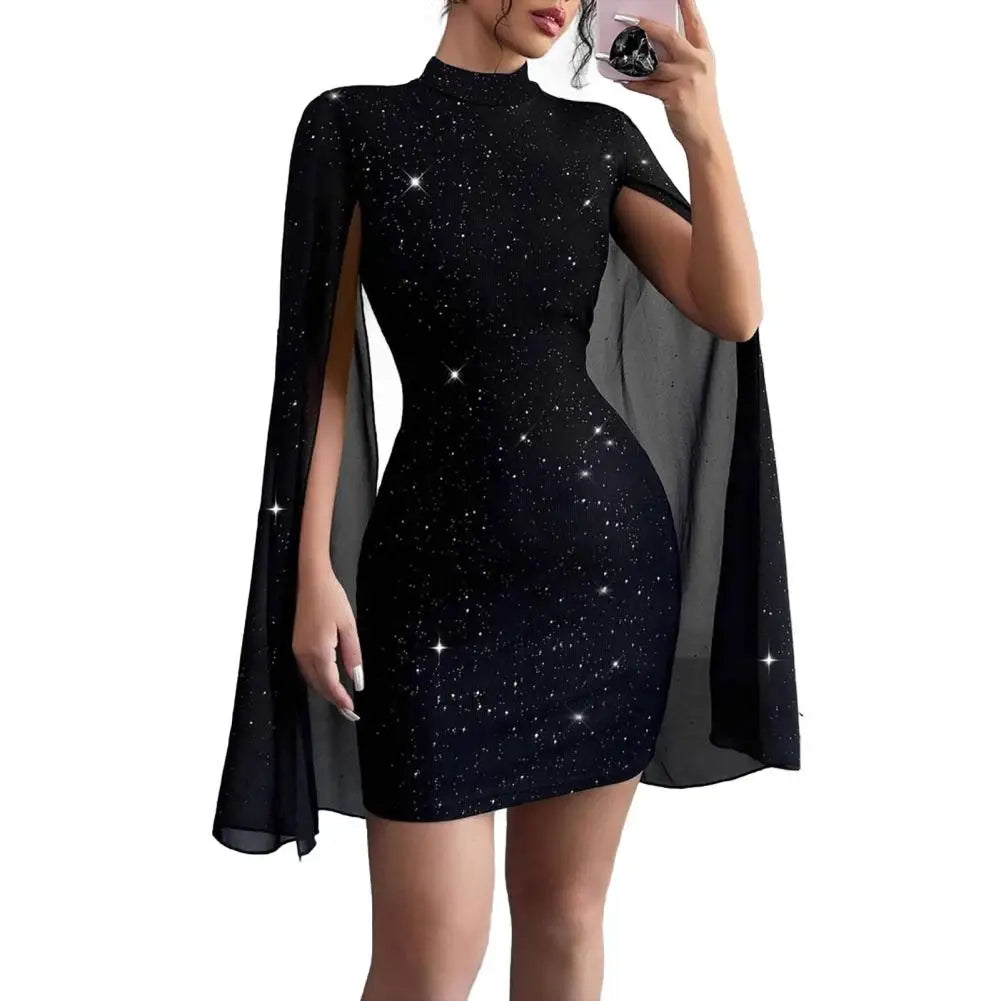 Women's Cape Sleeve Dress Mock Neck Bodycon Mini Dress Sexy Shiny Chiffon Cloak Sleeve Cocktail Dress for Wedding Evening Party