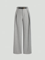 Women's Elegant Grey Striped Pleated Office Lady Pants Casual Wide Leg Loose Long Trousers Spring/Fall