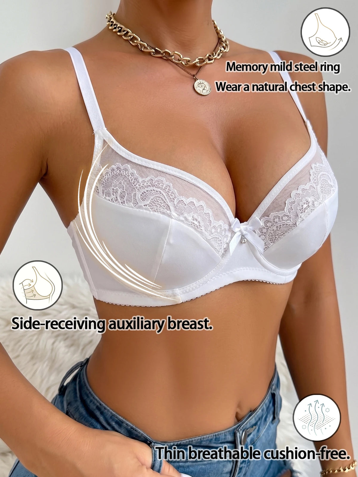 Women A B C D E F Thin Cup Bra Lace Mesh Underwire Brassiere Push‑Up Gather Comfortable Adjustable Strap Everyday Bra