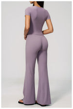 Creamy 2 Pieces Workout Suit Women Yoga Outfits Short Sleeve O Neck Slim Sports T Shirts High Waist Flare Pants Gym Fitness Sets
