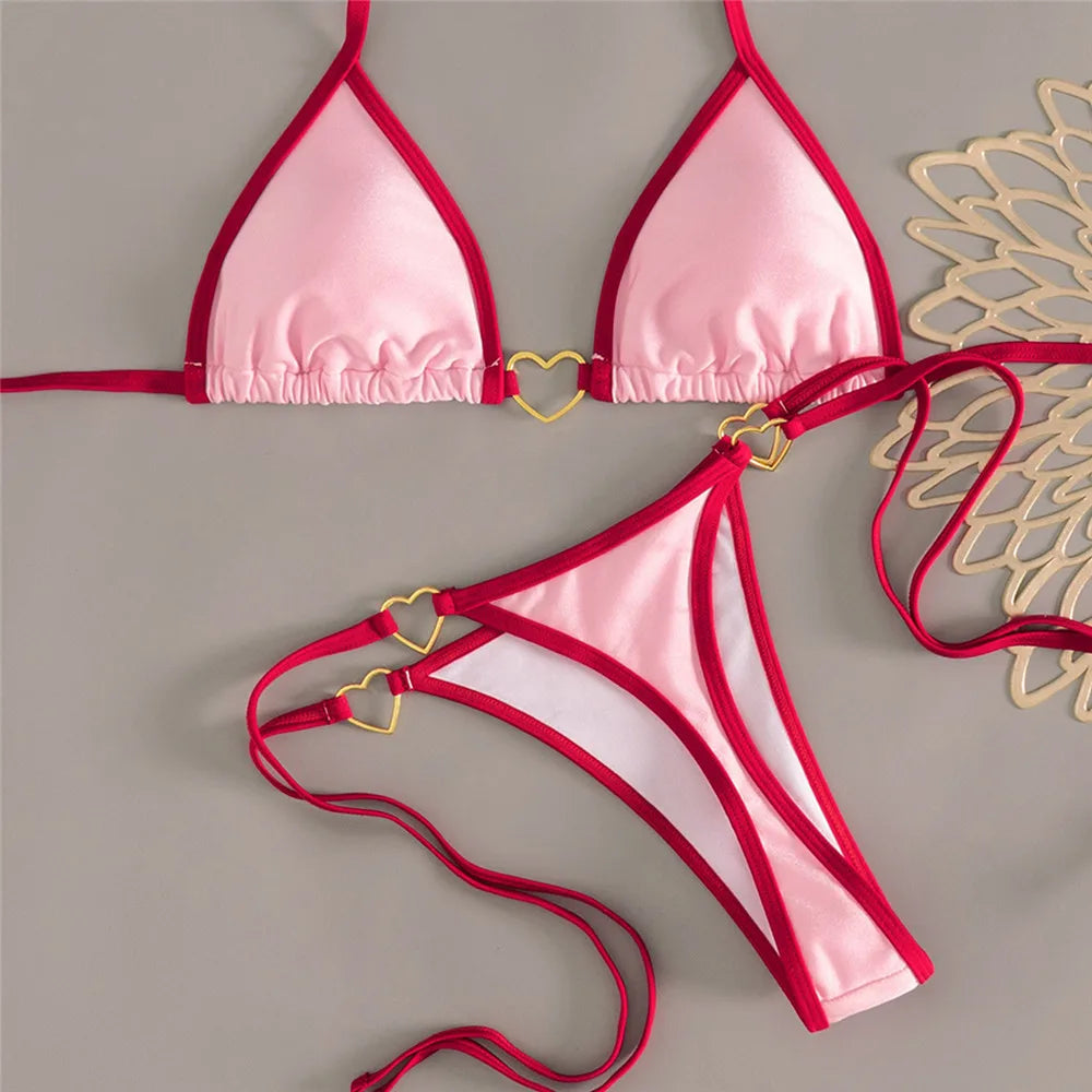 Sexy Pink Triangle Micro Bikini Thong Set Swimsuit Women 2026 Heart Metal Ring String Halter Swimwear Bathing Suit Bikinis Mujer