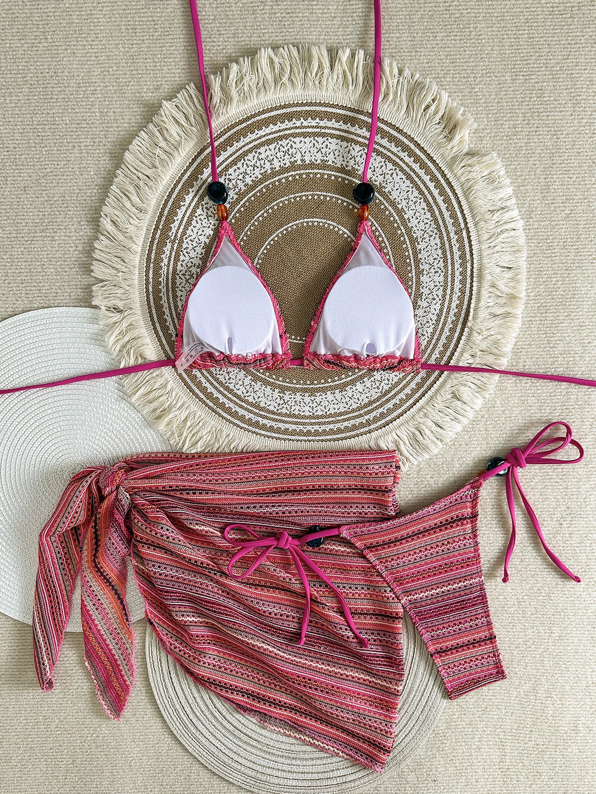 DEKA Sexy Striped Bikini Set 2026 Women Beaded String Push Up Bra High Waist Swimsuit Summer Bathing Suit Three Piece Swimwear