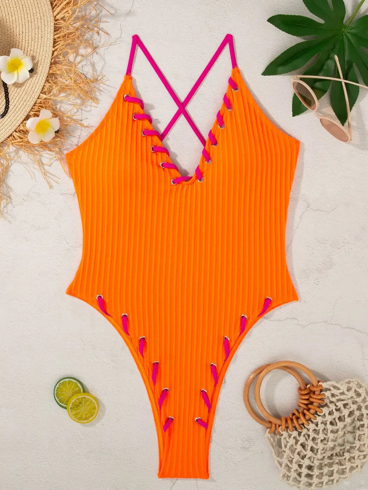 V Neck Wrinkled Ribbed Cross Backless One Piece Swimsuit Women Swimwear Female High Leg Cut Monokini Bather Bathing Suit Swim