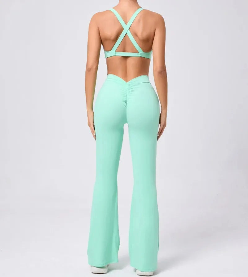 Women's Seamless Yoga Sets Brushed Fabric Flared Hip-Lifting Pants Cross Beauty Back Bra Suits Gym Workout Fitness Training Sets