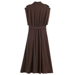 Women's Fashion Midi Dress Brown Sleeveless Shirt Dress For Women Shoulder Details Buttoned Waist Button Elegant For Wear PS9Y