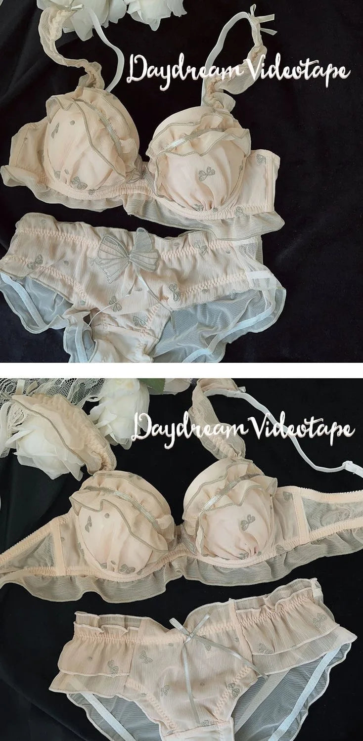 Japan Style Embroidered Mesh Bralette Wireless Breathable Comfort Sweet Cute Lingerie Set Pure Sensual Ruffle Edge Small Chest
