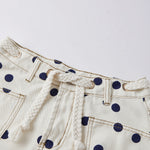 Women's Summer Denim Shorts with Pockets Casual Stylish Dot Print Mid Rise Tie-up Belted Wide Leg Jean Shorts