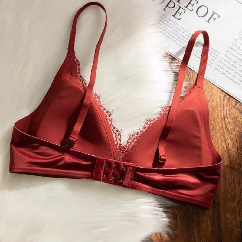 Glossy Satin Seamless Underwear Everyday BraWomen's Deep V-neck Thin Shoulder Strap Thin Bra for Women Bralette