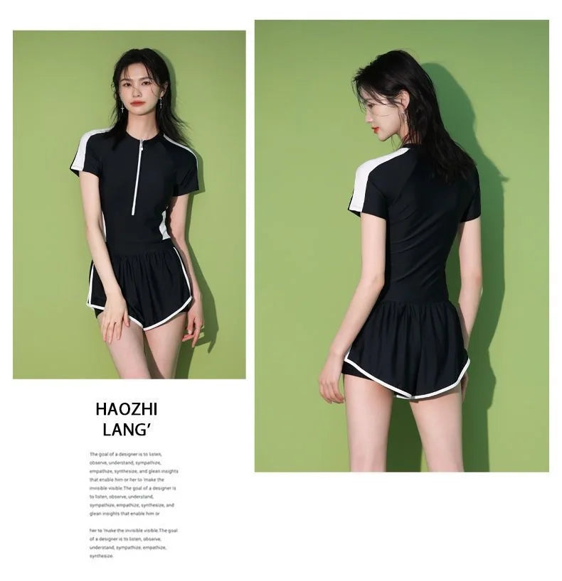 New Women's Swimsuit, One-piece Coverage Slimming EffectConservative Sports Style Hot Spring Flat Leg Pants Swimsuit Plus Size