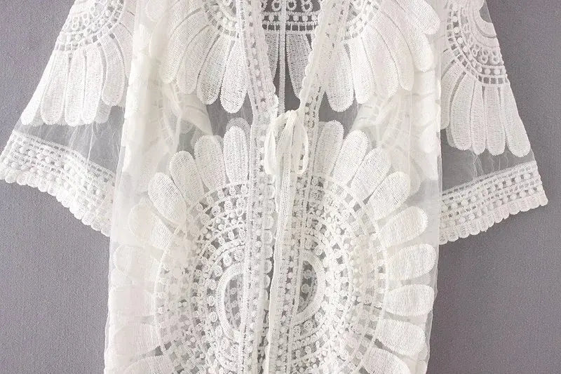 DEKA New Beach Cover-up Swimsuit Lace Hollow Crochet Beach Bikini Cover Up 3/4 Sleeve Women Top Swimwear Beach Dress Tunic Shirt