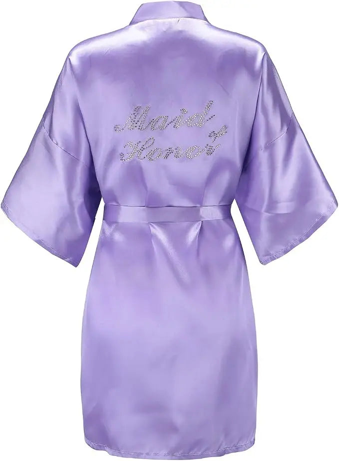 Women's Satin Kimono Robes with Rhinestones Bride Bridesmaid Short Getting Ready Wedding Dressing Gown