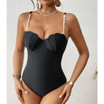 Push Up One Piece Swimsuit Female 2026 Swimwear Women Scallop Bathing Suits Summer Beach Wear Pearl Monokini Swimming Suit Black