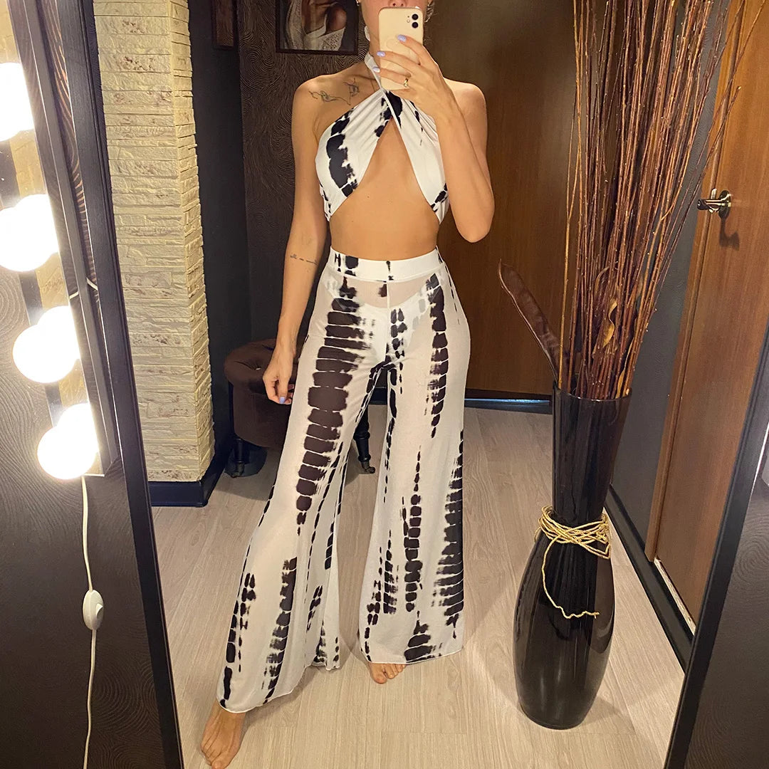 Halter Printed With Beach Pants Bikini Women Swimwear Female Swimsuit Three-pieces Bikini set Bather Bathing Suit Swim V3542