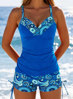 Vintage Blue Floral Print Tankini Set 2026 Swimwear Women V Neck Tank Top Drawstring Side High Waist Shorts Two Piece Swimsuit