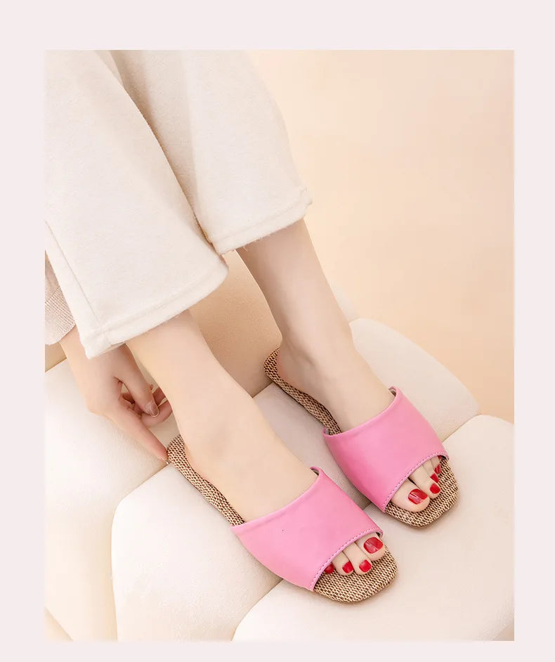 2026 New Breathable Linen Slippers For Women Men Spring Summer House Shoes Soft PU Leather Anti-slip Couples Home Floor Slides
