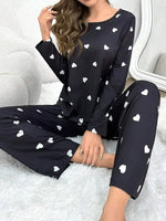 Women's Pajamas Casual Love Print Round Neck Long Sleeve Long Pants Fall and Winter Comfortable Set Girl Sleepwear Homewear