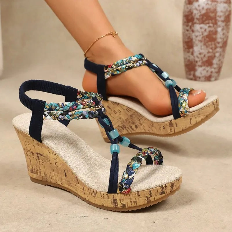 Woman Leather Summer Fashion Wedge Female Large Size Mid-heeled Platform Black New Comfortable Retro Sandals for Women