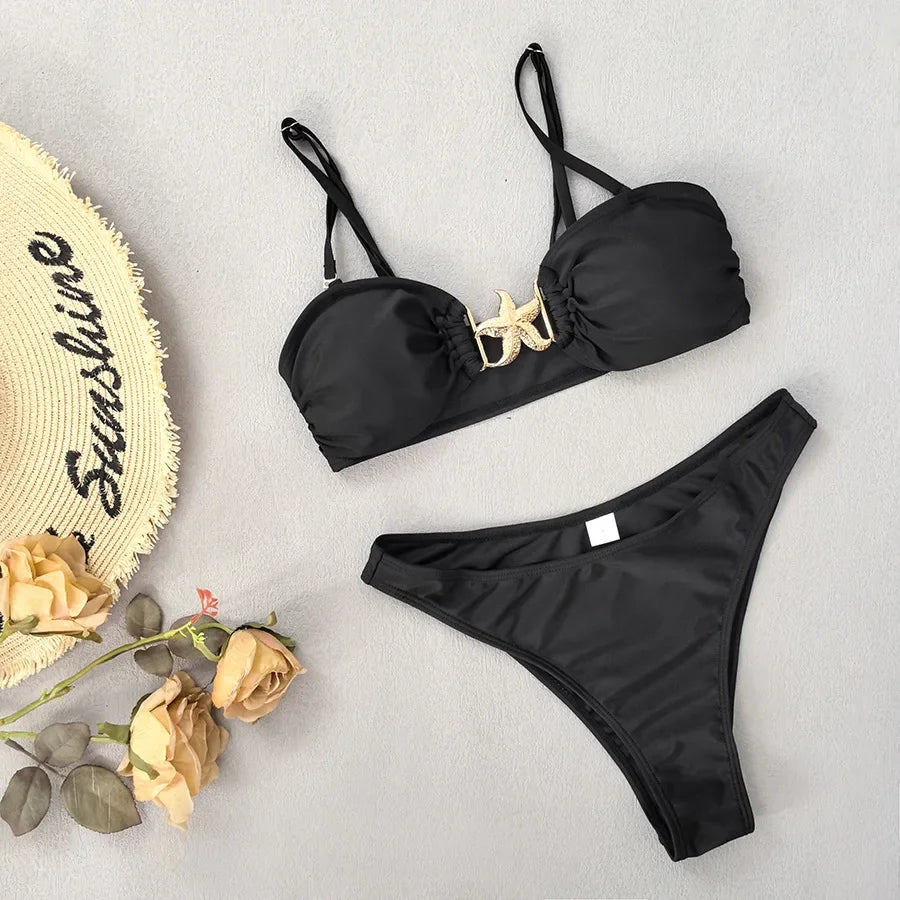 Sexy Meal Starfish Designer Bikinis Sets Women Black Push Up Buckle Mesh Skirt 3 Piece Swimsuit Beach Bathing Suit Swimwear 2025