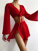 4pcs Red Bikinis Sets Women Mesh Long Sleeve Cover Up with Skirt Swimsuit 2024 Summer Push Up Beach Bathing Suit Thong Swimwear
