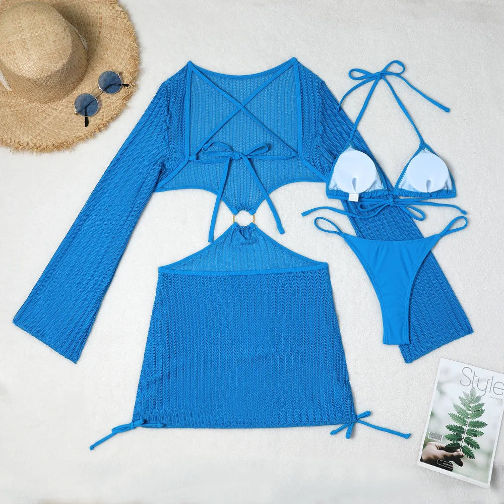 DEKA Women Solid Bikini Set Halter Bra Lace-up Swimsuit Set With Mesh Yarn Cover Up Dress KnittedLong Sleeve Boho Swimwear