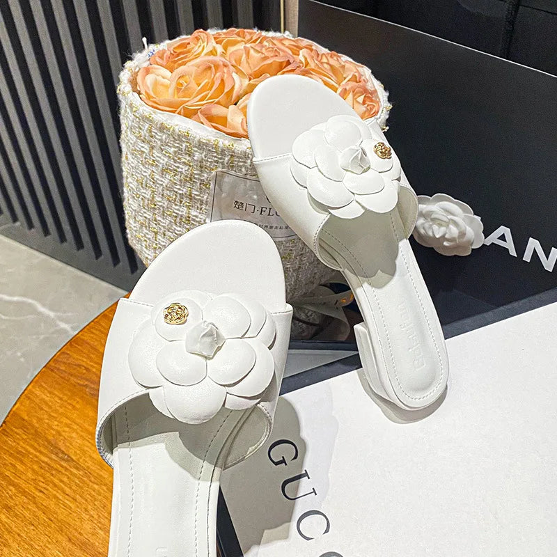 High End Luxury Flower Slippers Women Camellia Shoes Open Toe Slides Femme Outside&Home Pantuflas Sandals Ladies Flip Flops