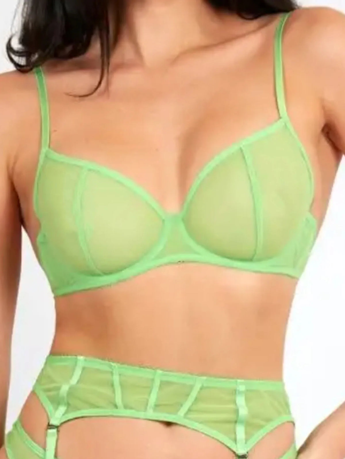 Sexy Lingerie Set with Garter Belt Corset Panty Outfits Mesh No Padding Underwire Sheer Bra and Panty 3 Pcs