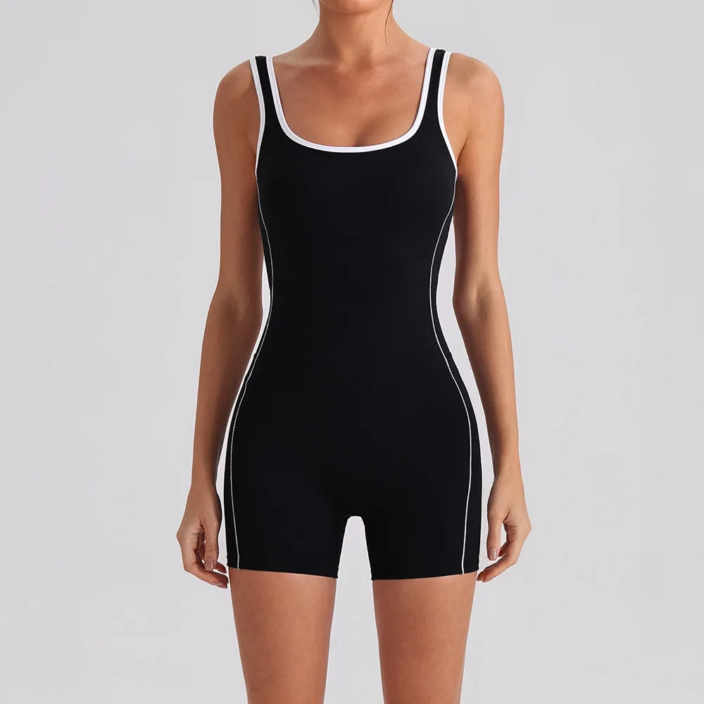 Sexy Sleeveless Backless Scrunch Yoga Jumpsuit Women Color-block U Neck Slim Sports One Piece Suits Tight Fitness Gym Overalls