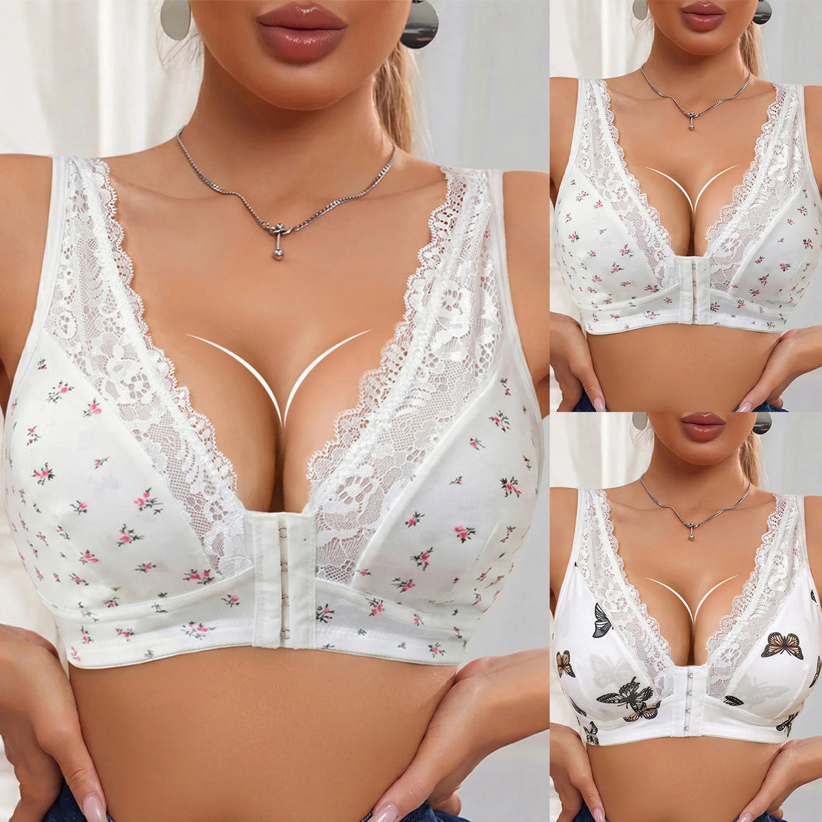 Women Lace Trim Butterfly Print Front Closure Wireless Bralette Comfortable Breathable Brassiere Plus Size Padded Push Up Bras