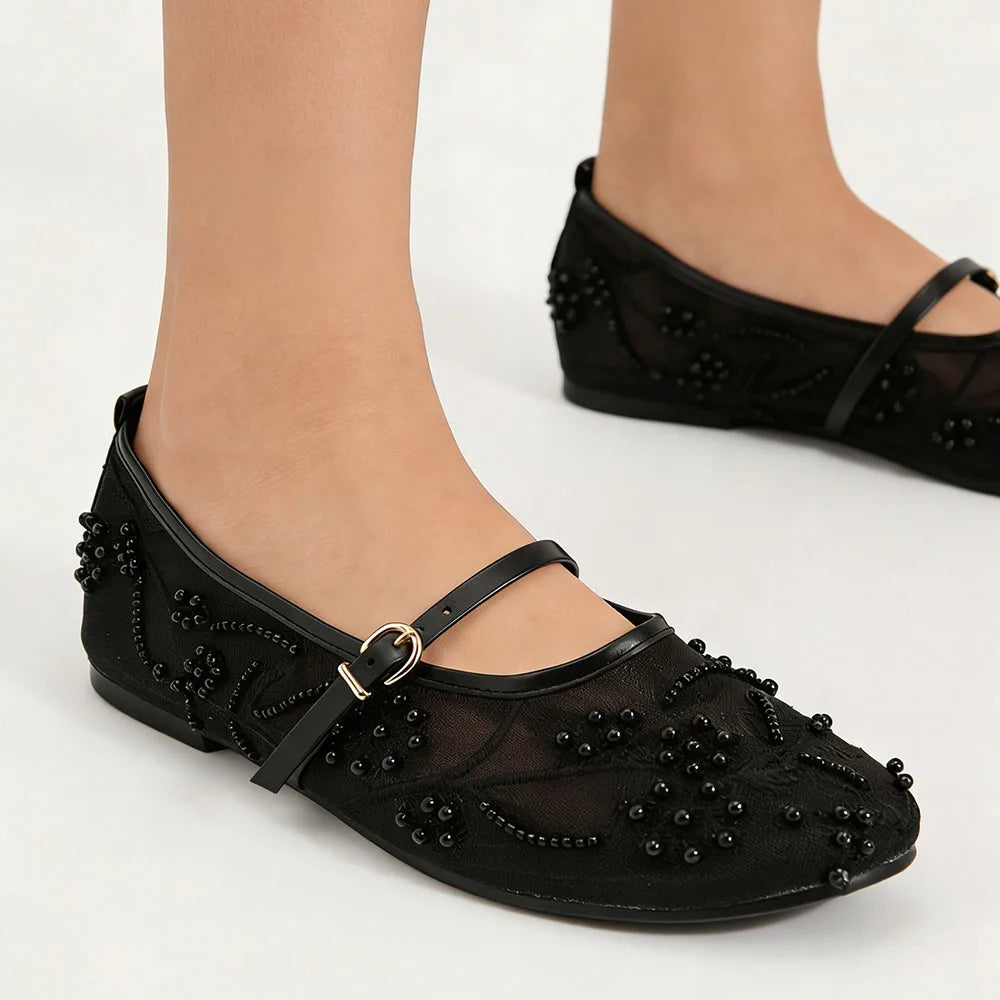 2026 Big size 42 Chic Nude Beading Flat Mary Janes Shoes Women Leisure Mesh Pearls Embroidery Comfy Walk Ballet Flats Shoes