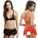 Lace Red 3Pcs Lingerie Set Sexy G-string Dress Exotic Apparel Erotic Underwear Lenceria Transparent Ropa Interior Porno Costumes