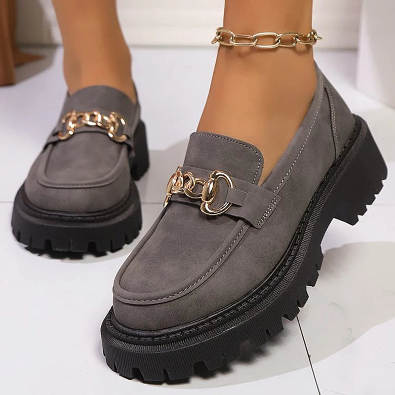 Fashion Metal Decoration Loafers Shoes for Women 2025 Gray Non Slip Platform Casual Shoes Woman Faux Suede Slip On Shoes Mujer