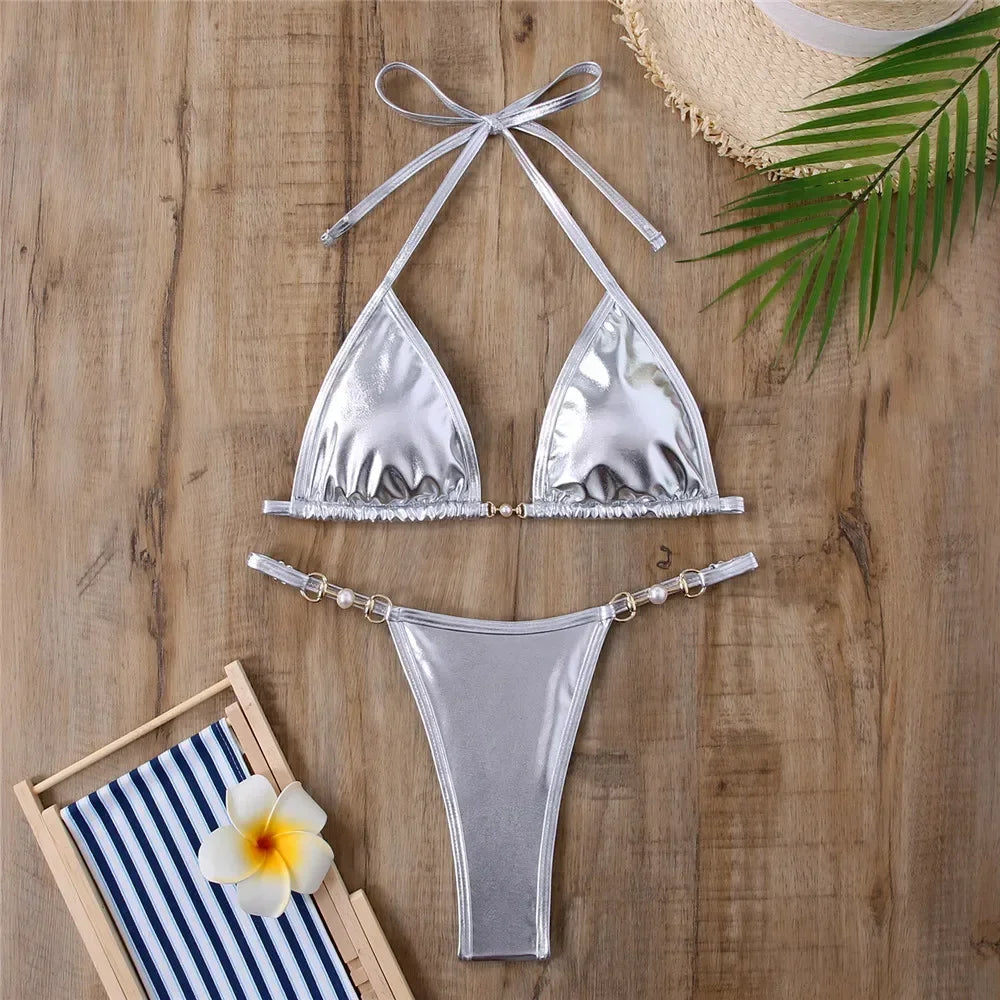 Shiny Red String Halter Triangle Micro Bikinis Sets Sexy Swimsuit Women Thong Bathing Suit Lace-up Bikini 2026 Mujer Biqiunis