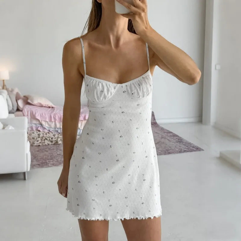 2026 New Printing Female Pajama Spaghetti Strap Sleepwear Backless Nightgown Sleeveless Nightie Mini Dress Casual Home Clothes