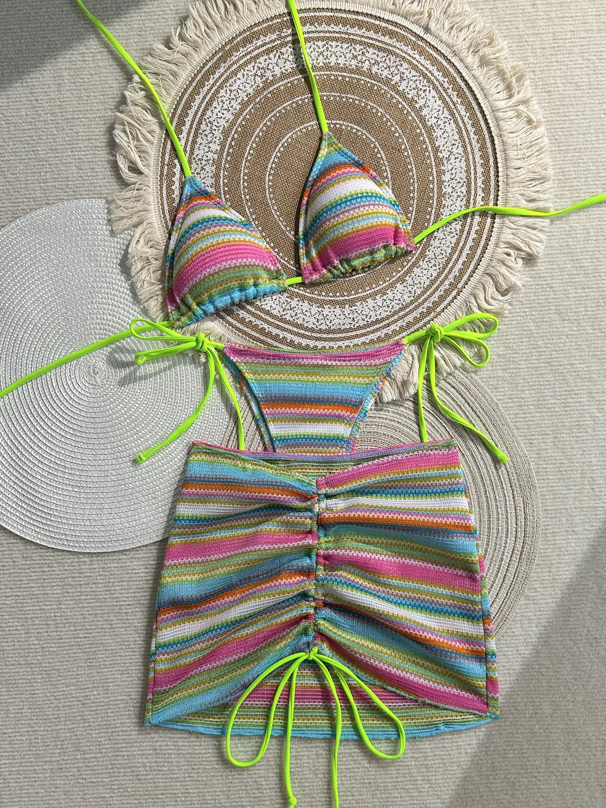 Sexy Coffee Striped Knitted Bikinis Sets 2026 Women Holiday Drawstring Side Skirt 3 Piece Swimsuit Summer Bathing Suit Swimwear