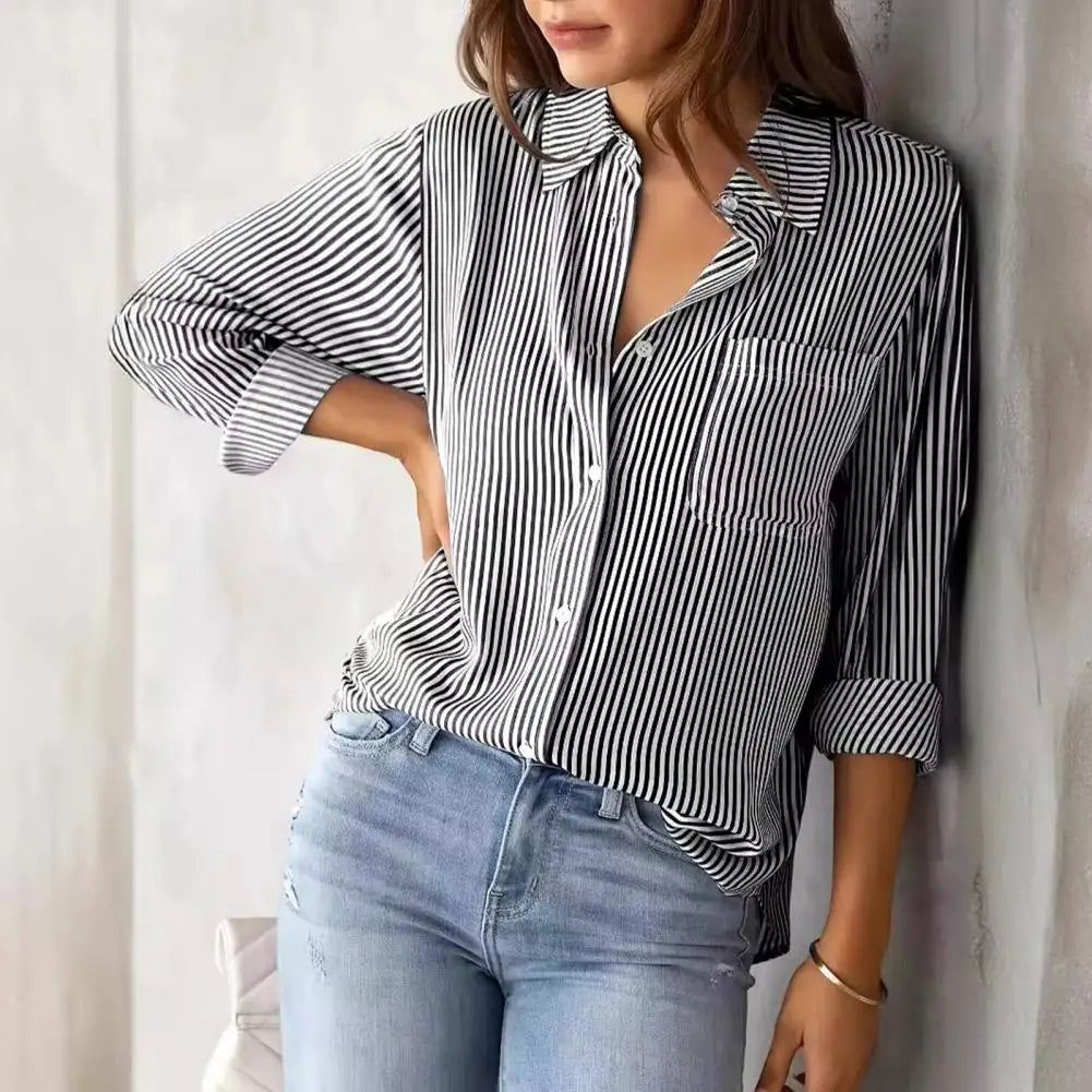 Women Shirt Lapel Long Sleeve Women's Shirts Single Breasted Shirt Tops with Patch Pocket Office Tops