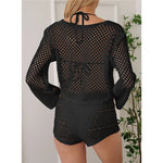 V Neck Long Sleeve Hollow Out Crochet Knitted Tunic Beach Dress Beach Wear Beachwear Beach Cover Up Cover-upsFemale Women V7192