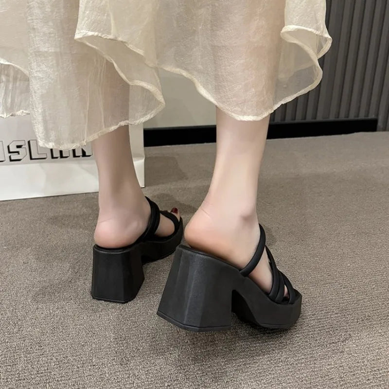Fashionable High-Heeled Sandals Women's Summer Thin Strap Outer Wear Thick Bottom Drag Shoes Southeast Asia Beach Sandals