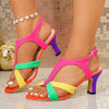 Big Size 43 Rainbow Color 7cm High Heel T-Strap Sandals Women Shoes Slingback Kitten Heels Festival Neon Vacation Dress Heels